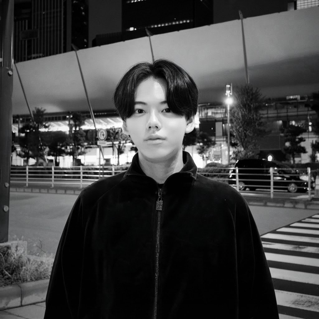 tenqboy のアーティスト写真。夜の八重洲、横断歩道の手前に立ち、正面を見ているモノクロ。